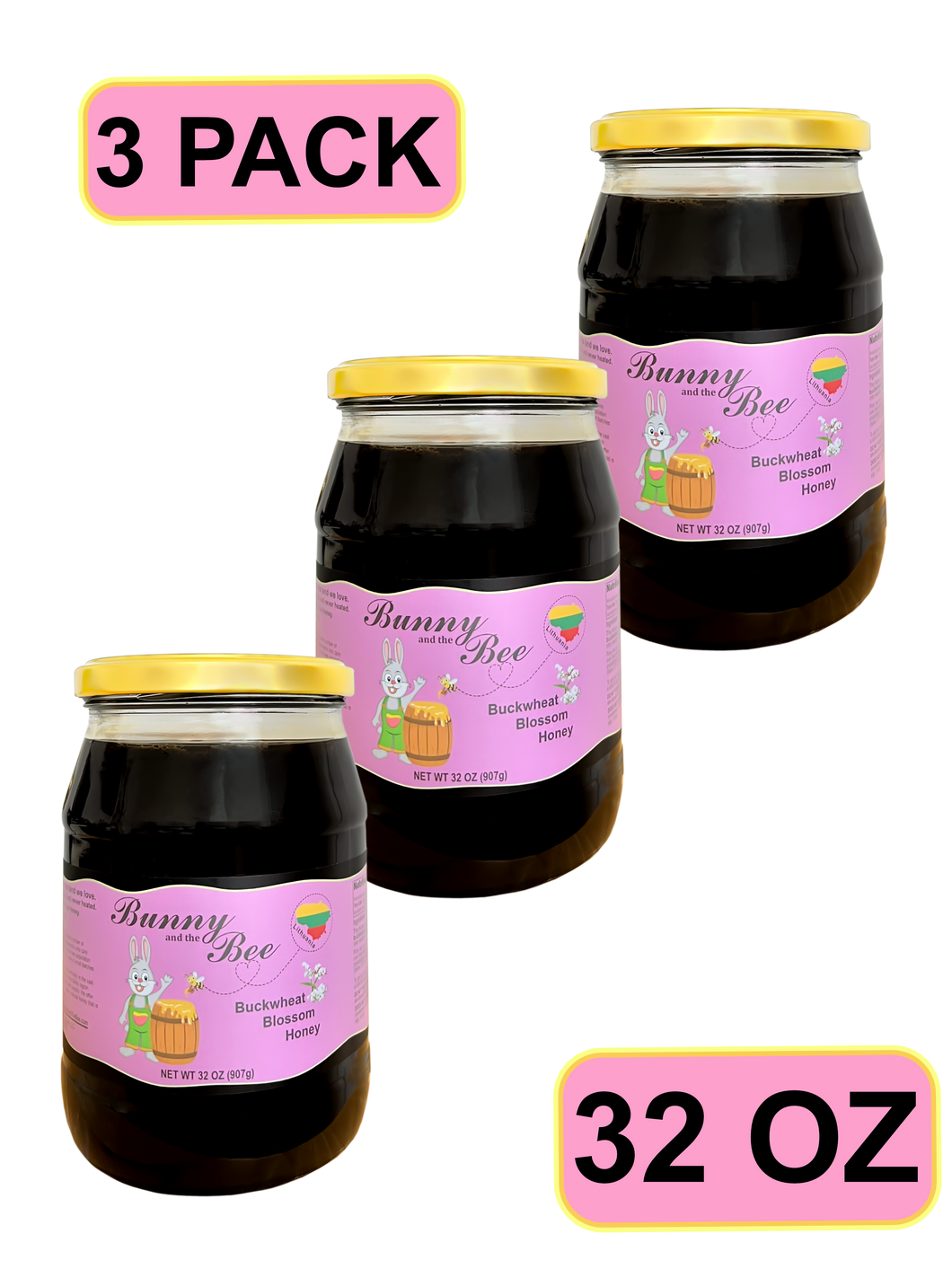 Buckwheat Blossom Honey - 32oz - 3 PACK - Bunny And The Bee - Raw Natural Honey