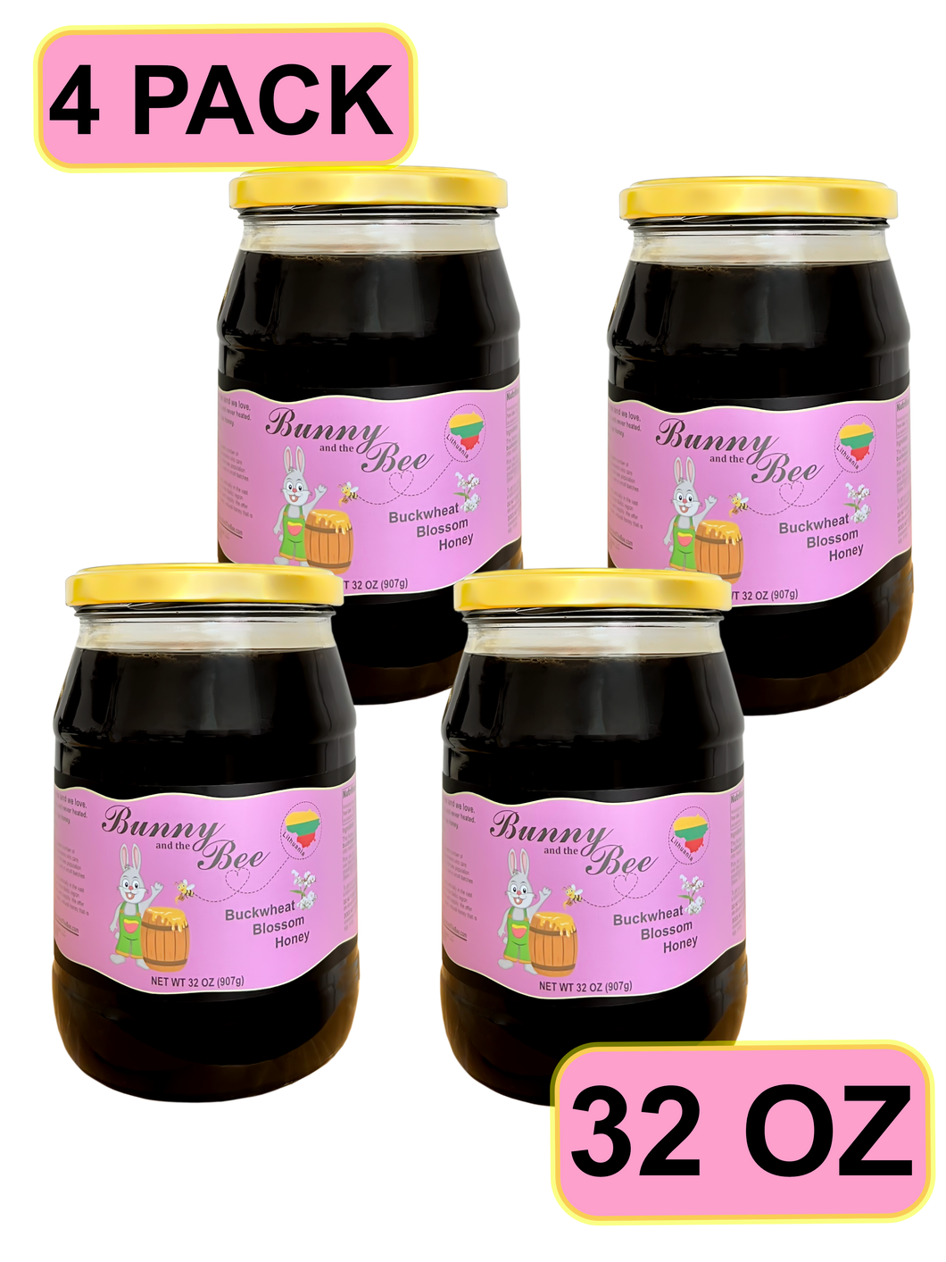 Buckwheat Blossom Honey - 32oz - 4 PACK - Bunny And The Bee - Raw Natural Honey